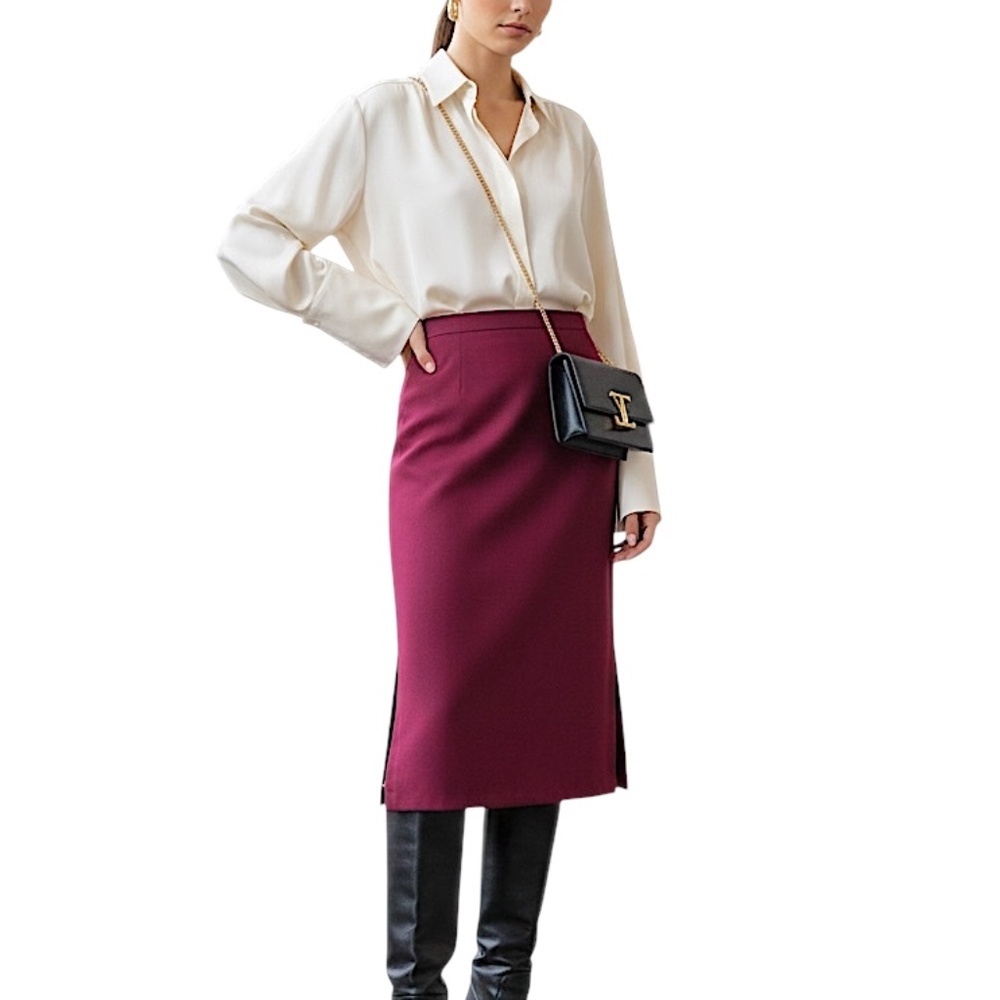 Vintage 70s a line burgundy double knit polyester old money retro midi skirt 14 - Picture 3 of 15